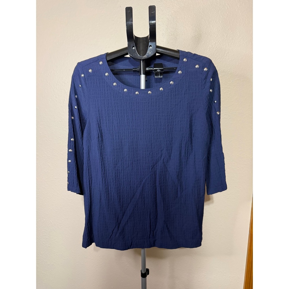 JM Collection Womens Navy Blue Studded Textured 3/4 Sleeve Top Size M Blouse